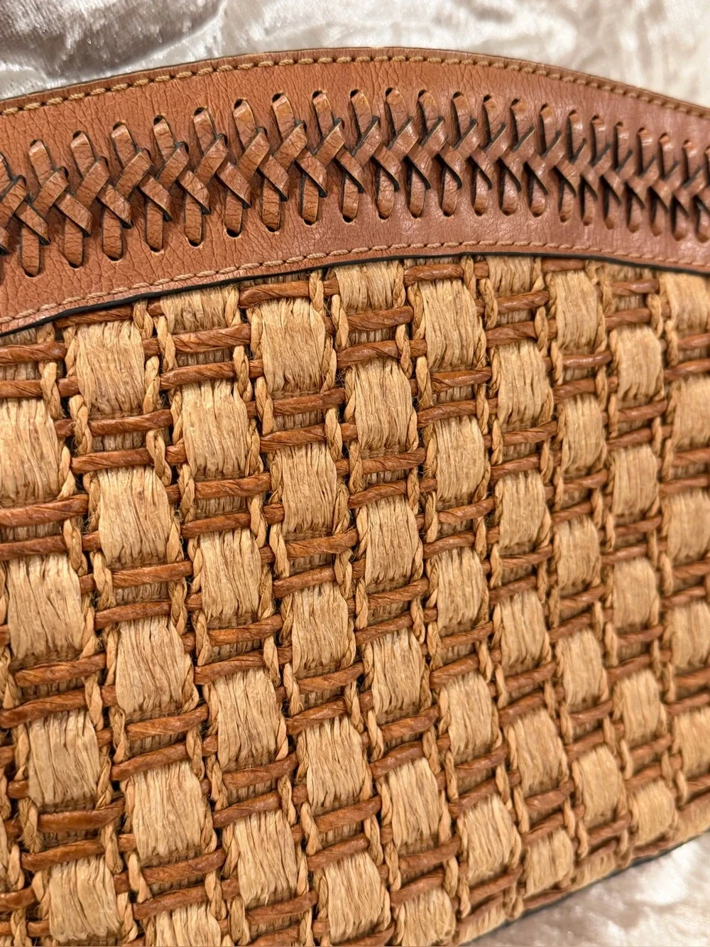 Vintage Fossil Woven Raffia & Leather Shoulder Bag - Brown